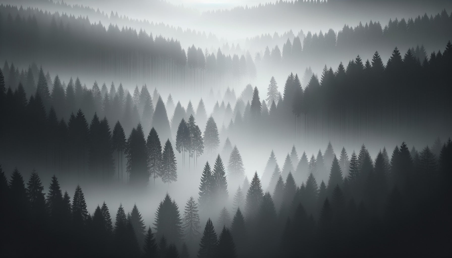 Misty pine trees wallpaper in minimalist bedroom setting with wooden furniture