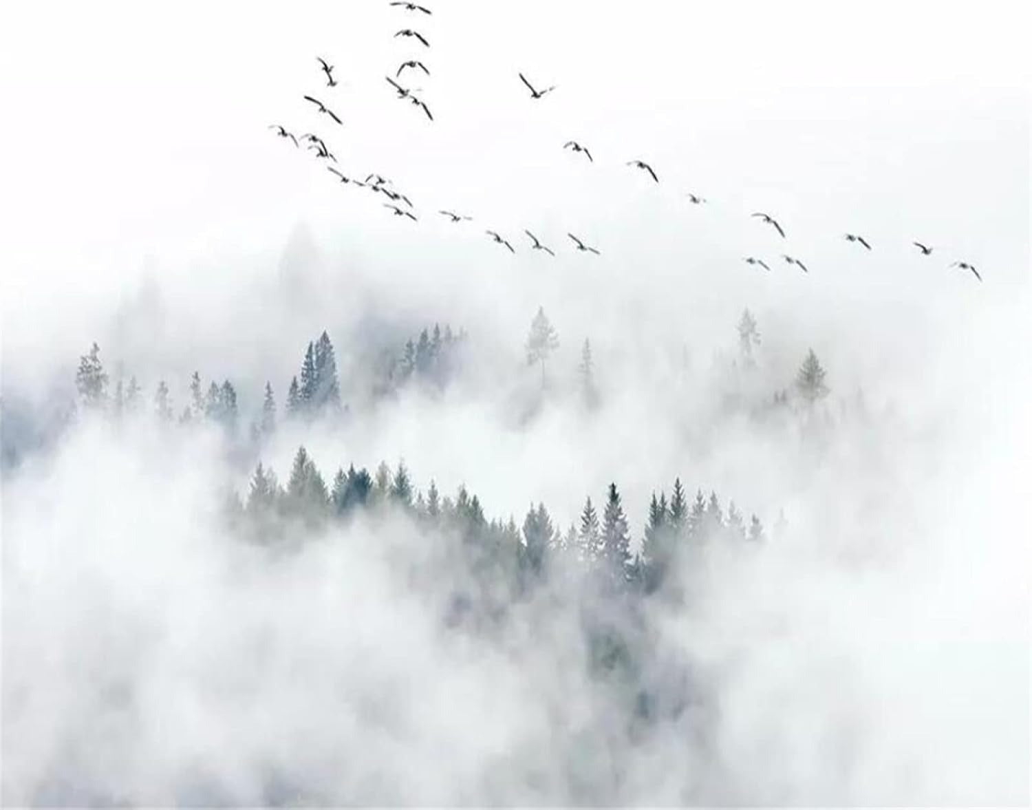 Forest wall mural design file showing misty pine trees and flying birds pattern