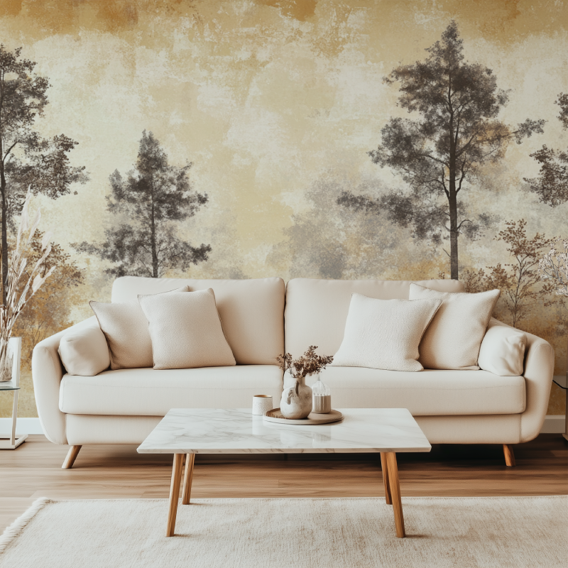 Forest wallpaper mural in modern living room showing misty pine trees against golden sky