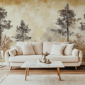 Forest wallpaper mural in modern living room showing misty pine trees against golden sky