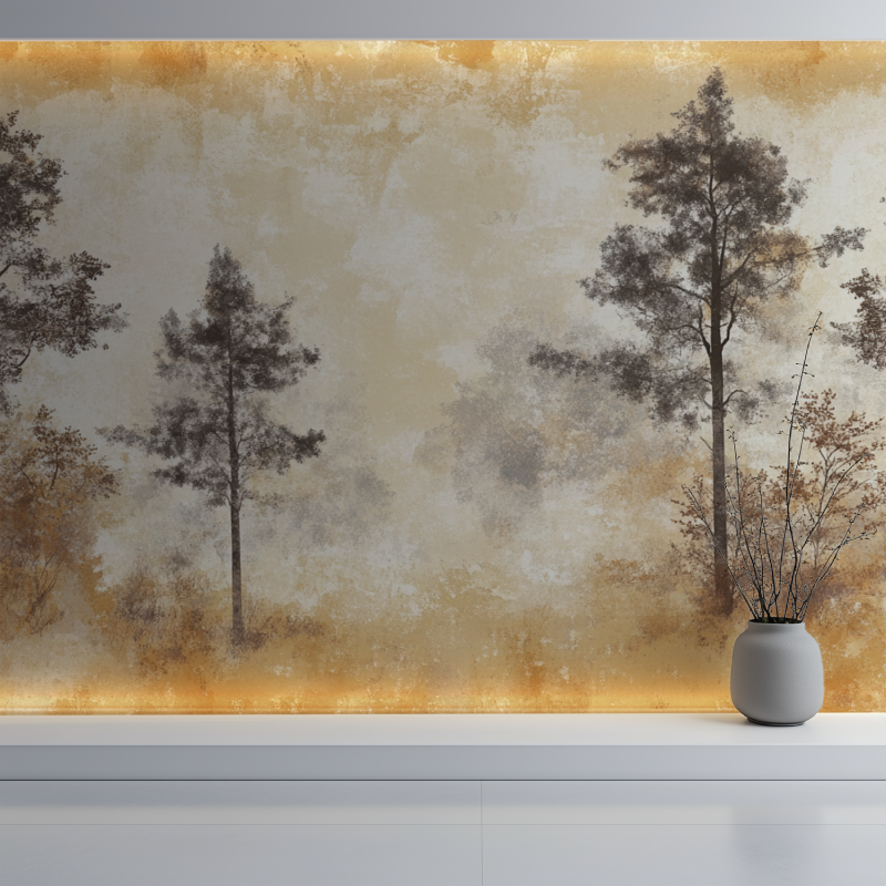 Home office featuring forest landscape wallpaper with golden tones