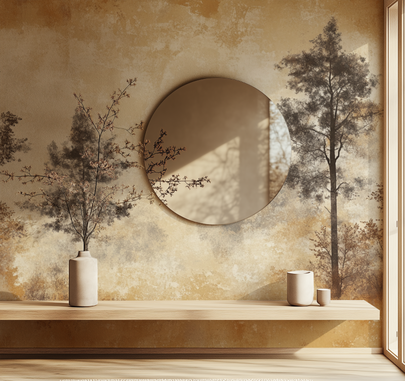 Hallway with pine tree mural wallpaper creating depth