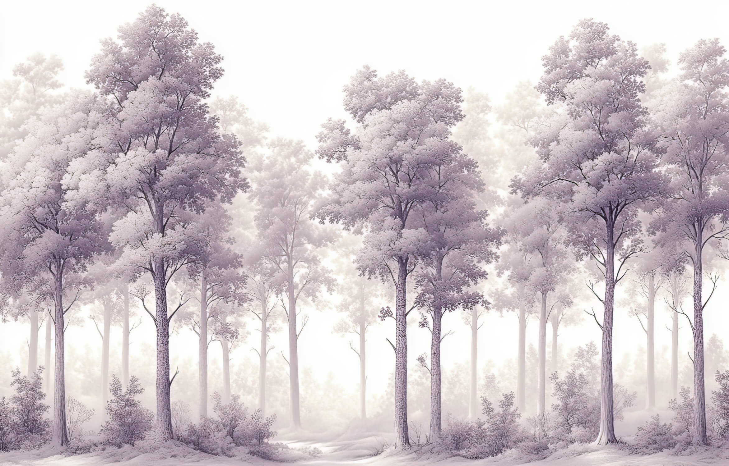 Design file showing detailed purple misty forest pattern with tree silhouettes