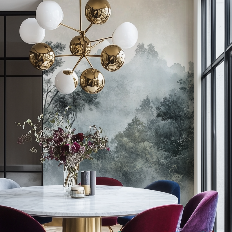 Misty forest wallpaper creating depth in a modern living room with grey furniture and natural light