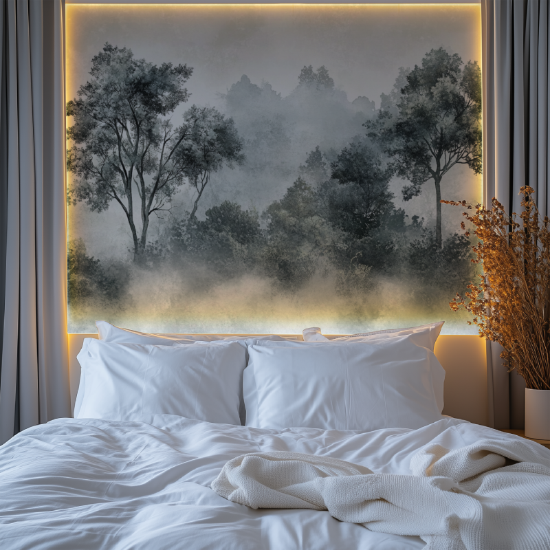 Misty tree mural creating depth in a dining room with natural decor