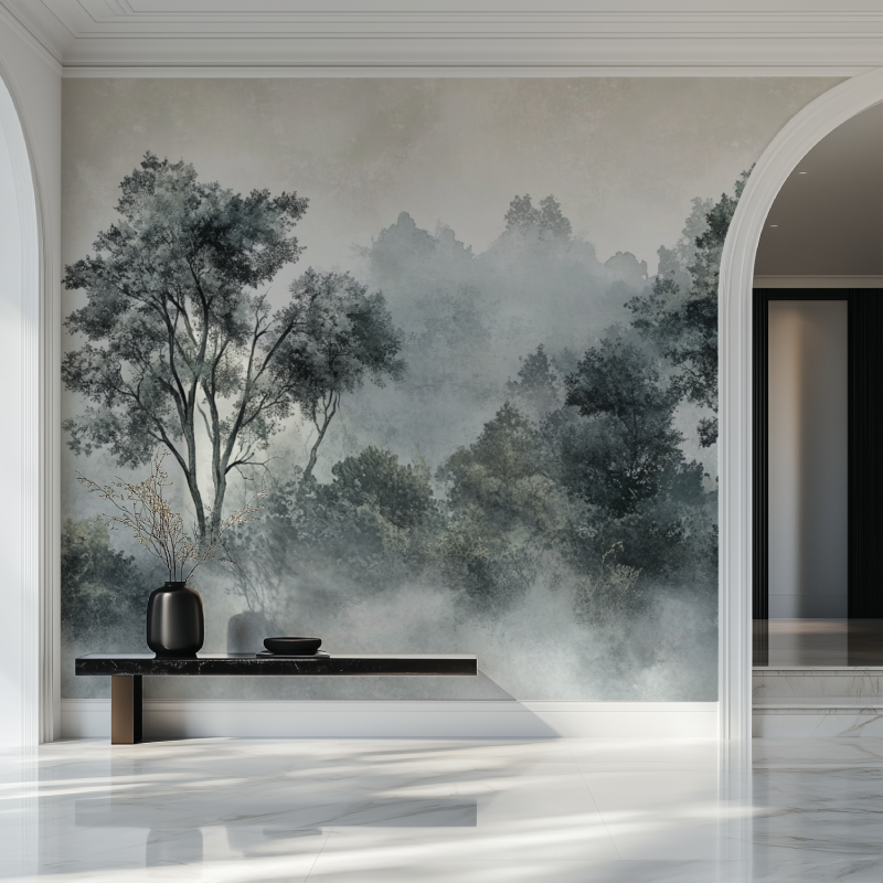 Tree wall mural in a meditation room with simple furniture