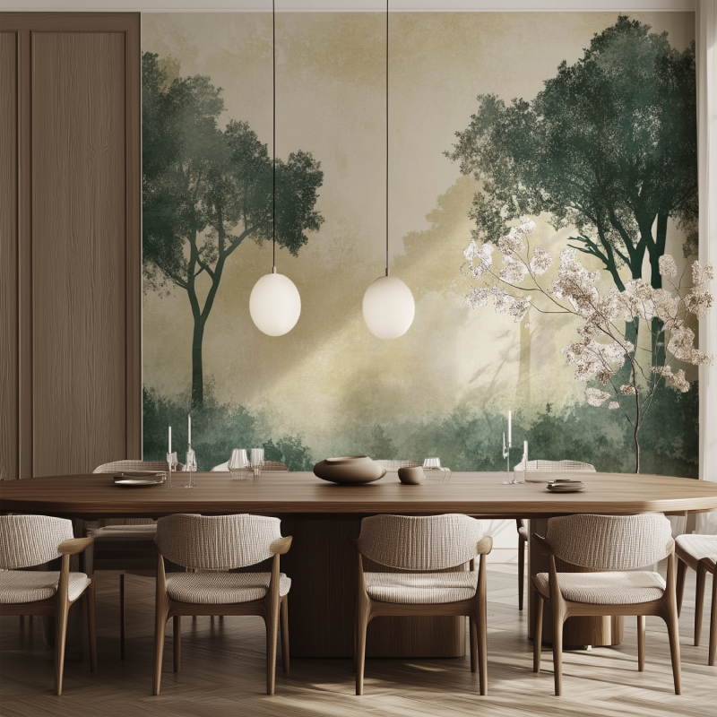 Beige and Green Forest Wallpaper creating a stunning entryway feature wall