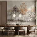 Forest mural wallpaper creating a cozy atmosphere in a modern living room with grey sofa and natural decor