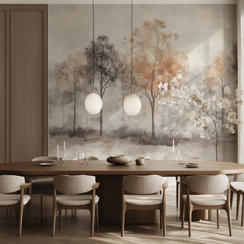 Forest mural wallpaper creating a cozy atmosphere in a modern living room with grey sofa and natural decor