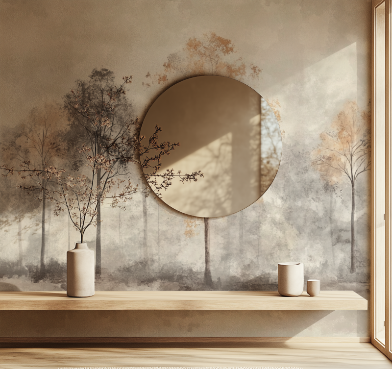 Misty forest wallpaper in a peaceful bedroom setting with minimal furniture