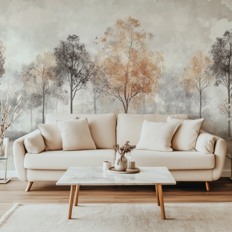 Forest wall mural bringing nature indoors in a dining room setting