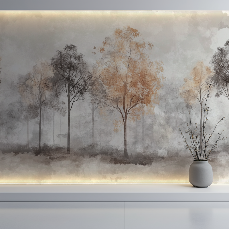 Misty tree wallpaper creating a calming atmosphere in an entrance hall
