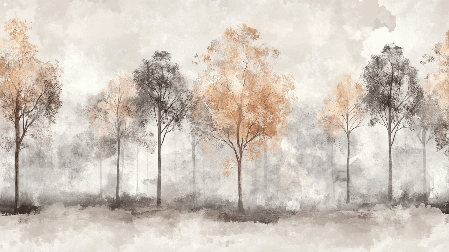 Forest wallpaper design file showing detailed misty trees pattern in grey and terracotta tones