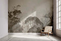 Modern living room featuring a Forest Mural Wallpaper with misty trees creating depth and atmosphere