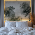 Forest mural wallpaper creating depth in modern living room with natural light highlighting misty tree details