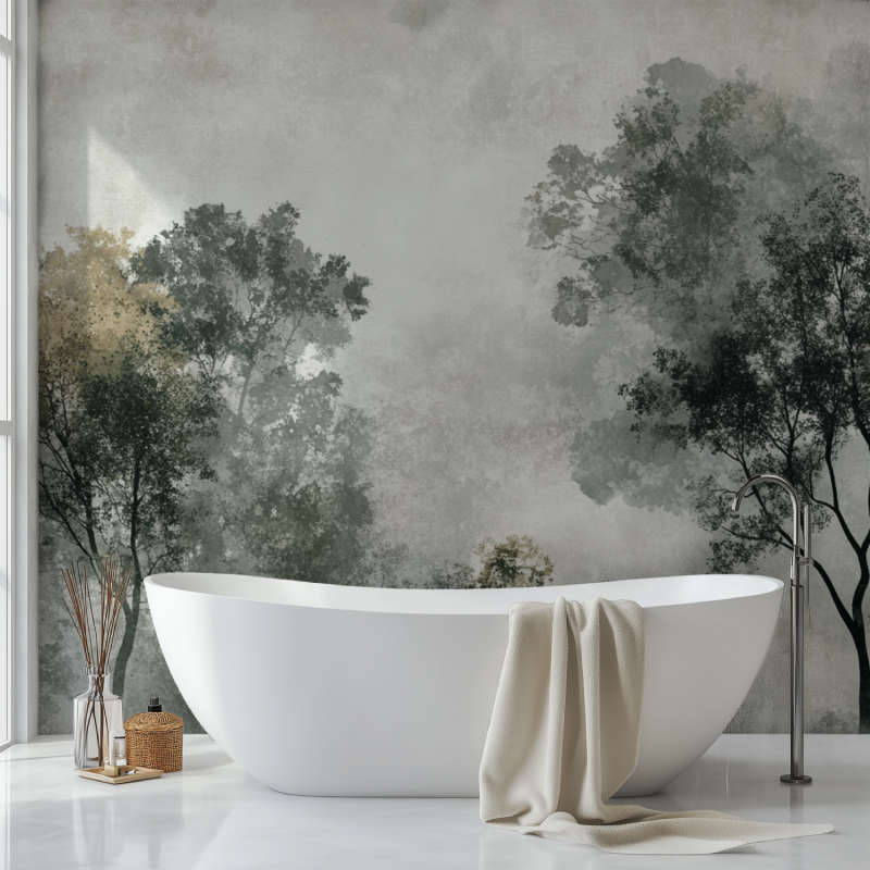Watercolor forest wallpaper in cozy bedroom showing morning mist effect