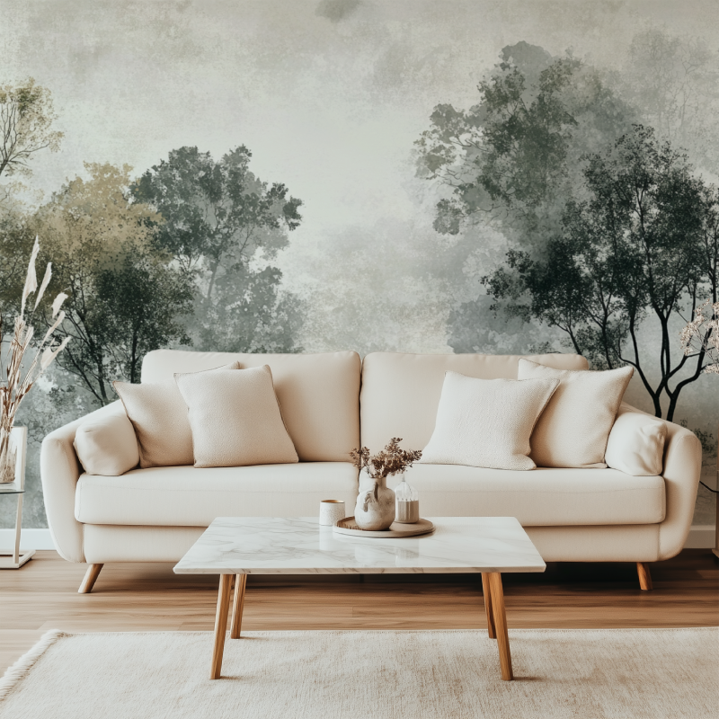 Forest wall mural bringing outdoor feel to home office space