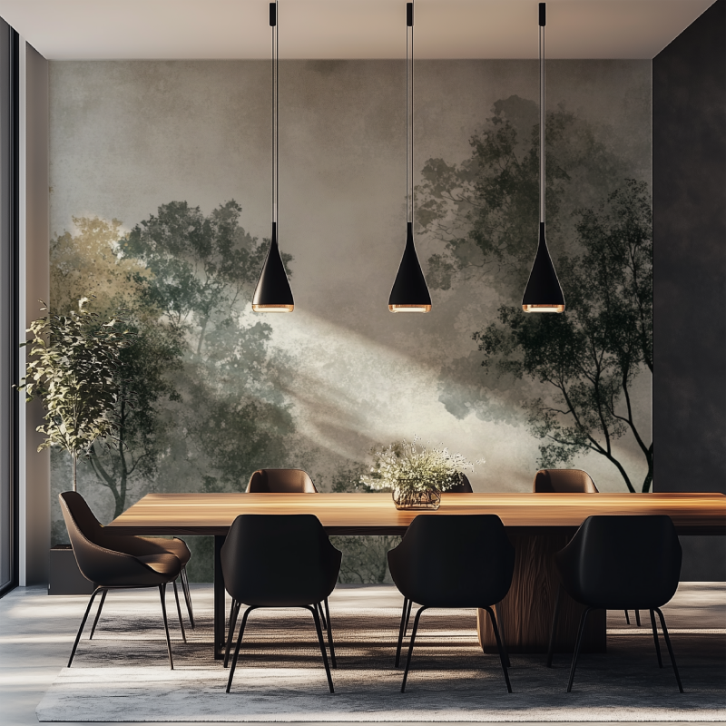 Tree wallpaper creating calm atmosphere in meditation room