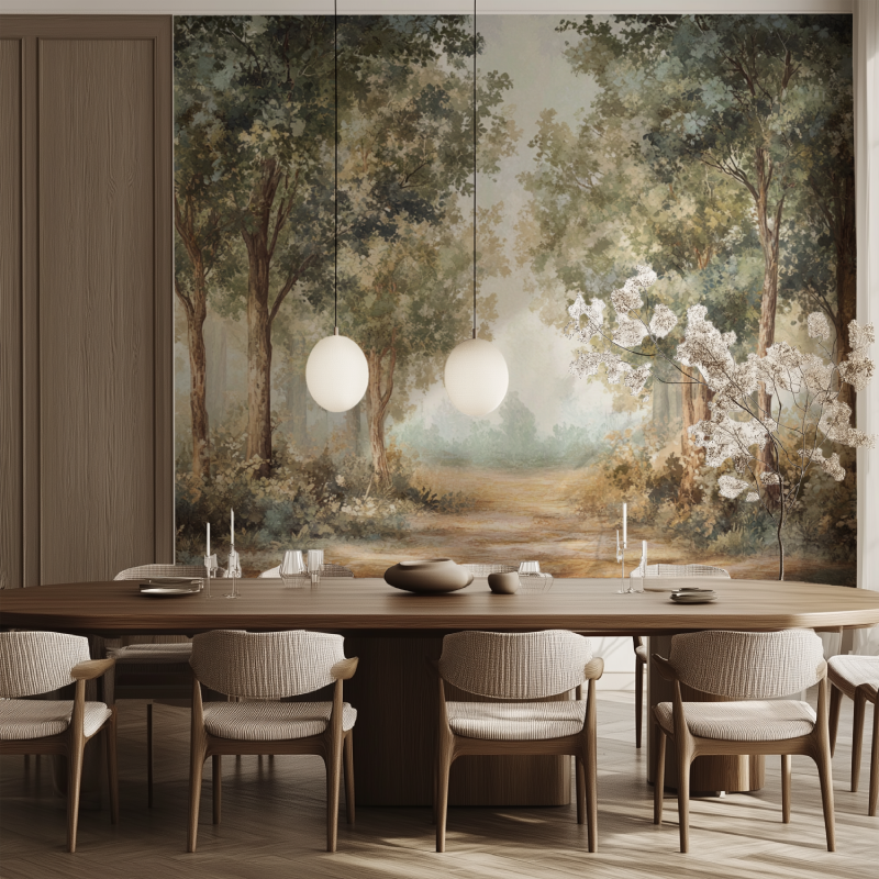 Woodland wallpaper transforming master bedroom with soft morning light