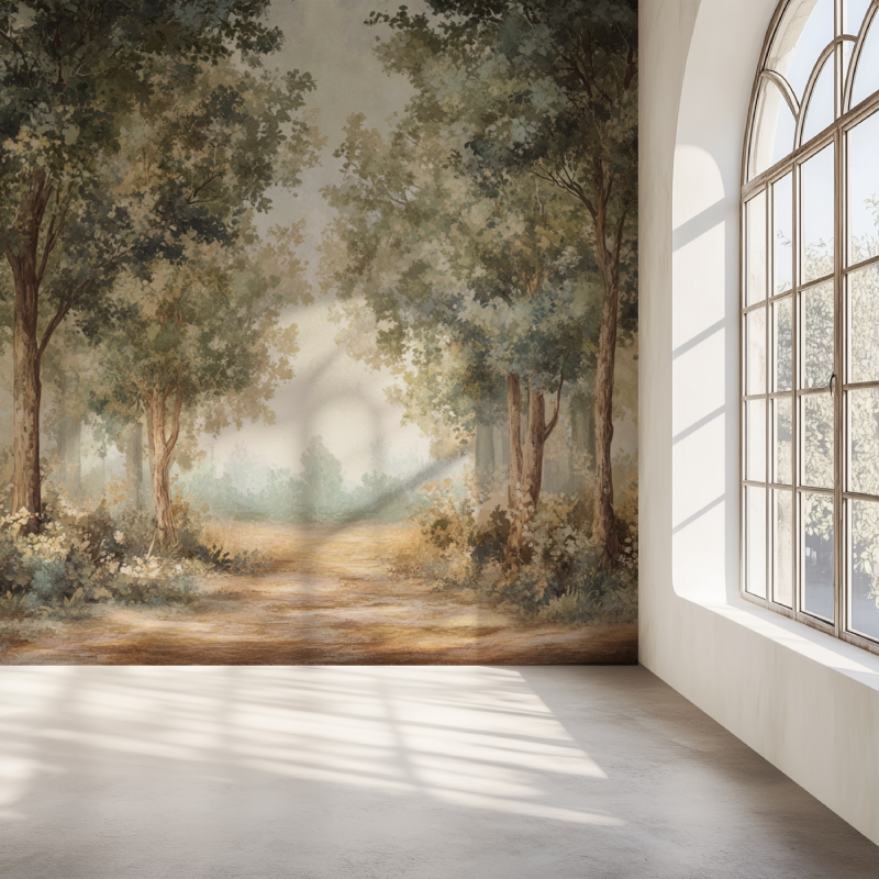 Nature wall mural bringing outdoor feel to home office space
