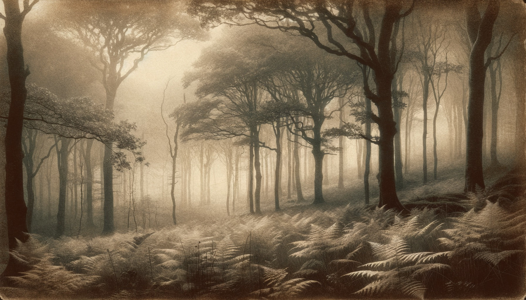 Forest wall mural creating a cozy atmosphere in a modern living room with soft golden morning light filtering through