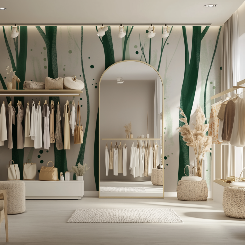 Modern forest wallpaper in bright Scandinavian living room showing green tree silhouettes