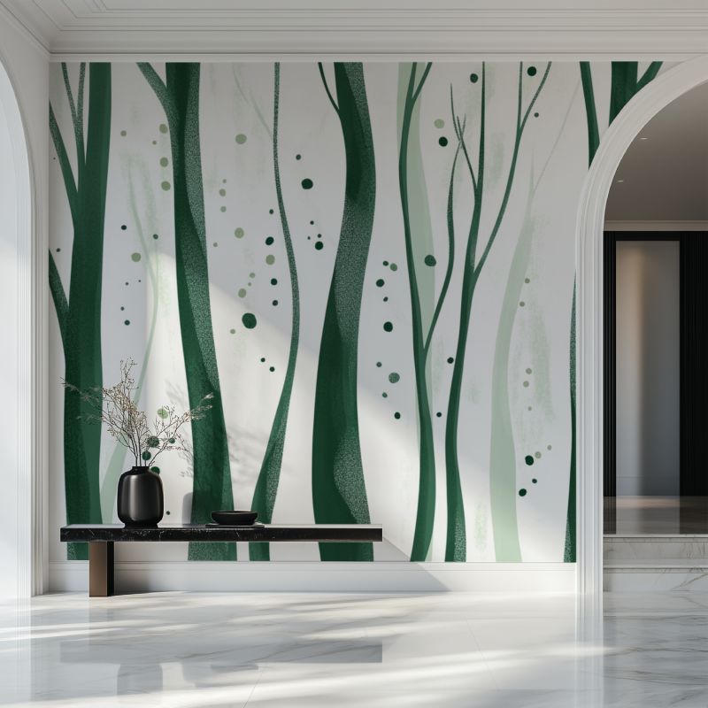 Green forest wallpaper creating depth in contemporary home office