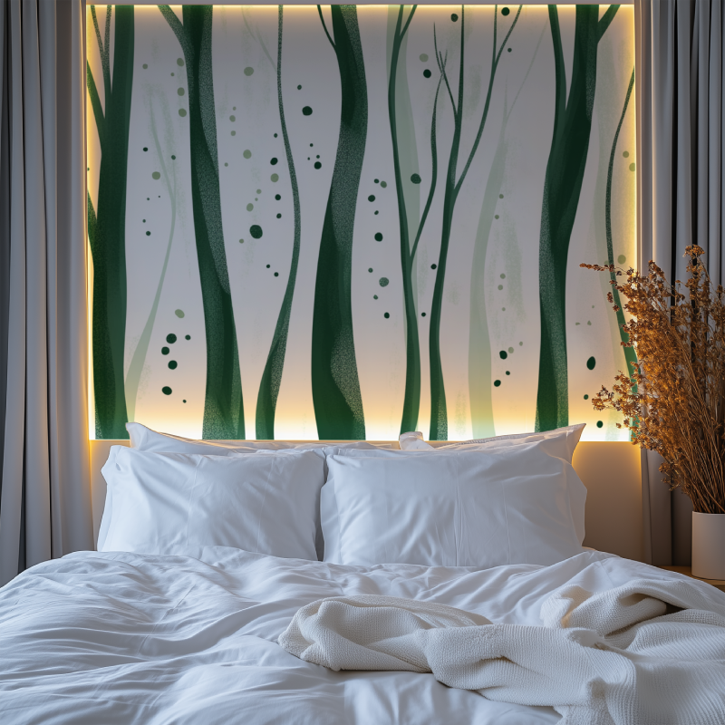 Modern tree pattern on dining room wall with natural lighting