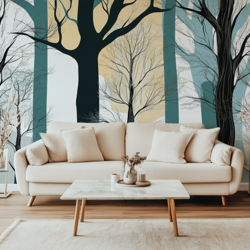Modern Forest Wallpaper in bright living room with grey sofa and natural light