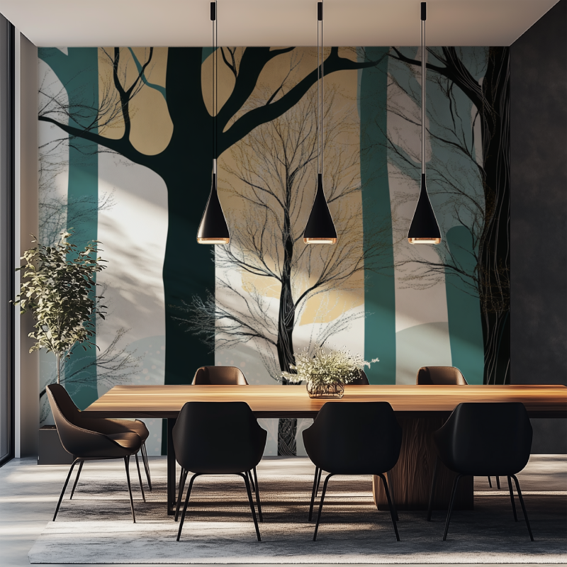 Striped Tree Wallpaper making dining room look taller with modern furniture
