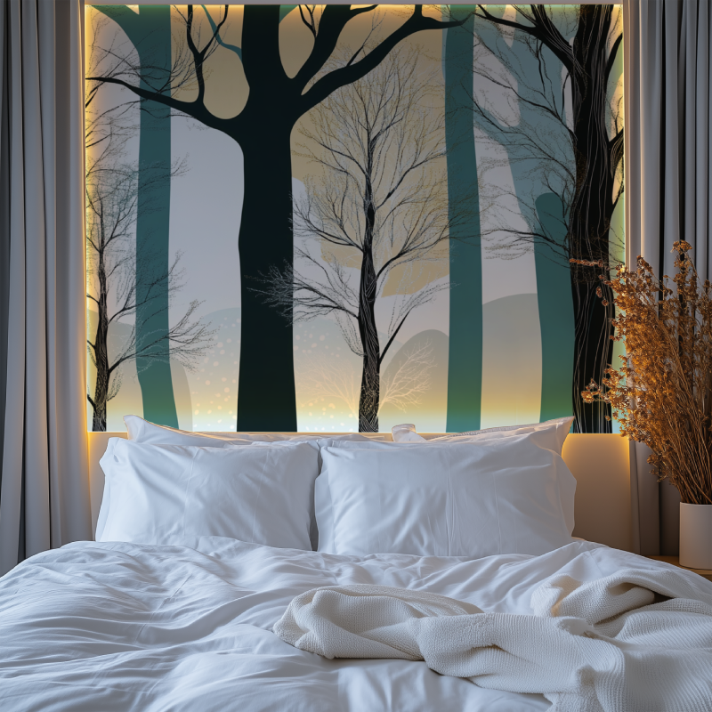 Forest Mural in home office with desk and wooden accents
