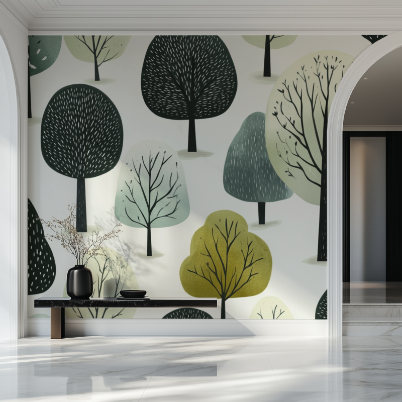 Contemporary home office featuring forest tree pattern wallpaper with minimalist furniture