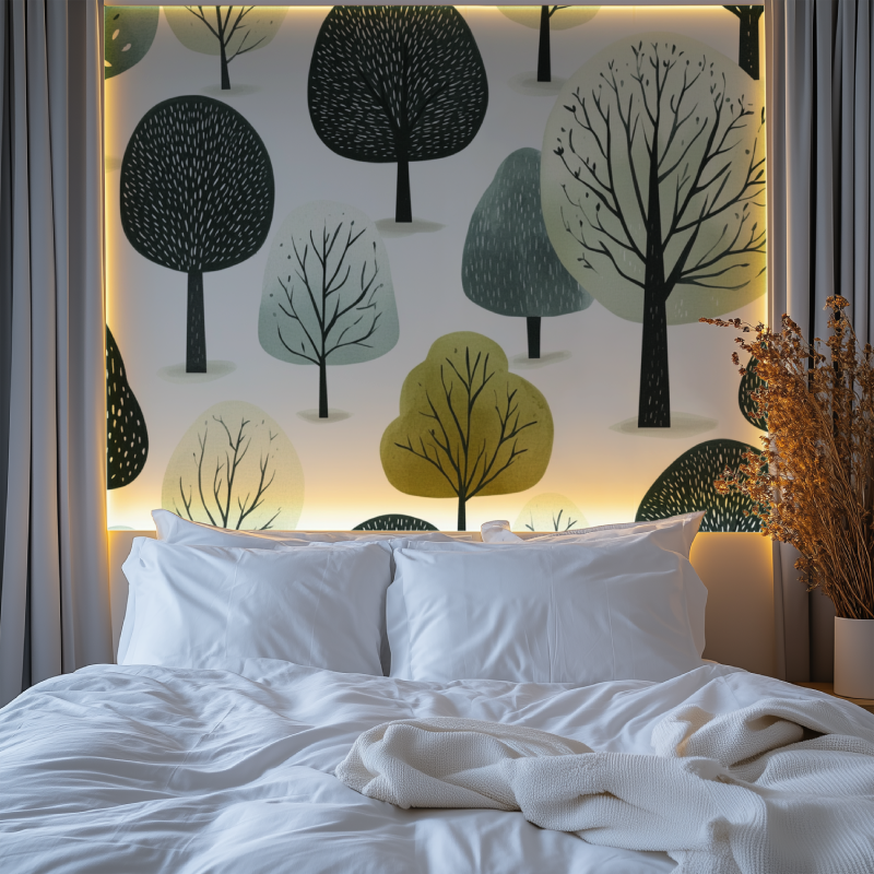 Bedroom accent wall with forest green tree pattern wallpaper design