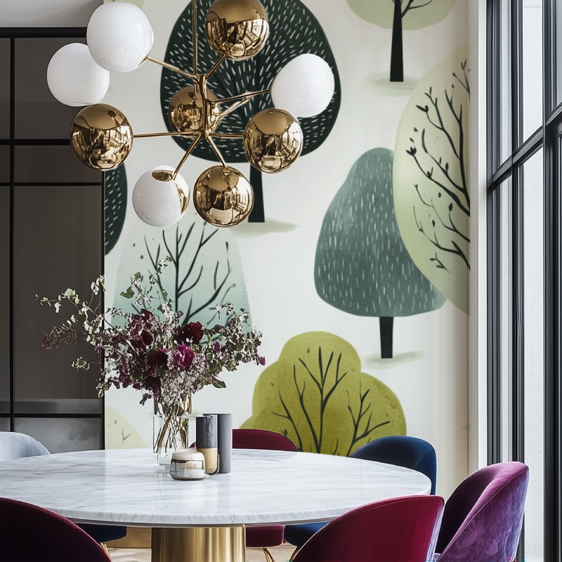 Modern entryway decorated with stylized tree pattern wall mural