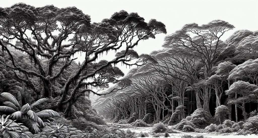 Black and white forest canopy design file showing intricate tree patterns and shadow details