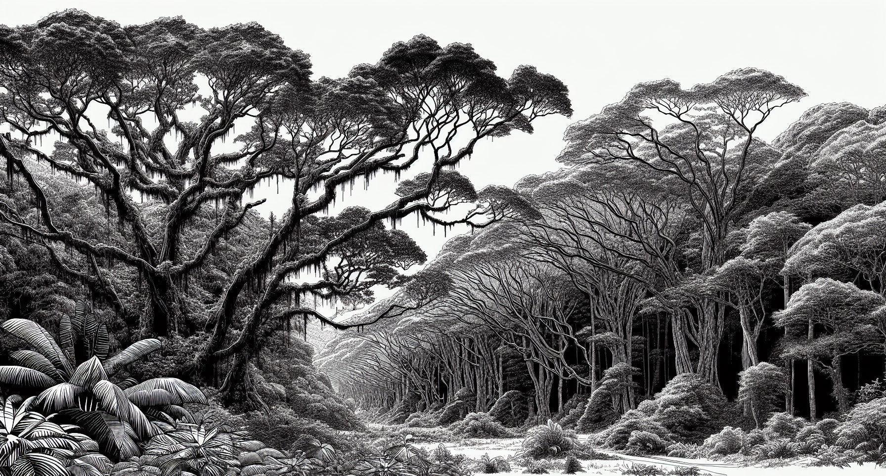 Black and white forest canopy design file showing intricate tree patterns and shadow details