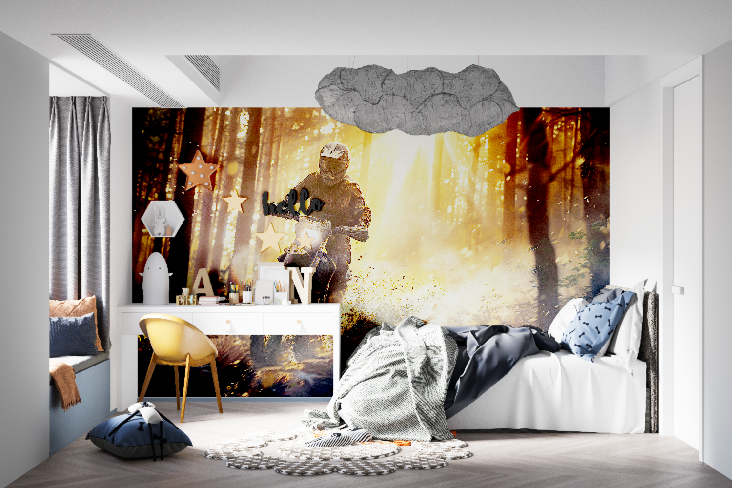 Motorcycle forest wallpaper adding adventure feel to modern office space