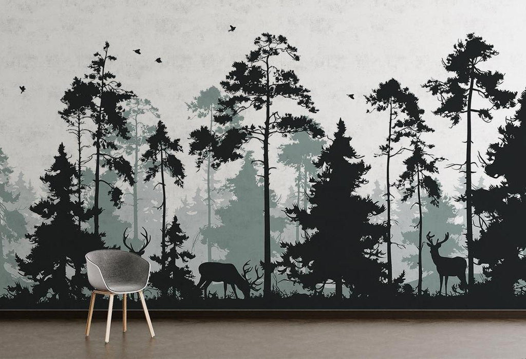 Forest silhouette wallpaper with deer creating a cozy atmosphere in a modern Scandinavian living room
