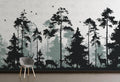 Forest silhouette wallpaper with deer creating a cozy atmosphere in a modern Scandinavian living room