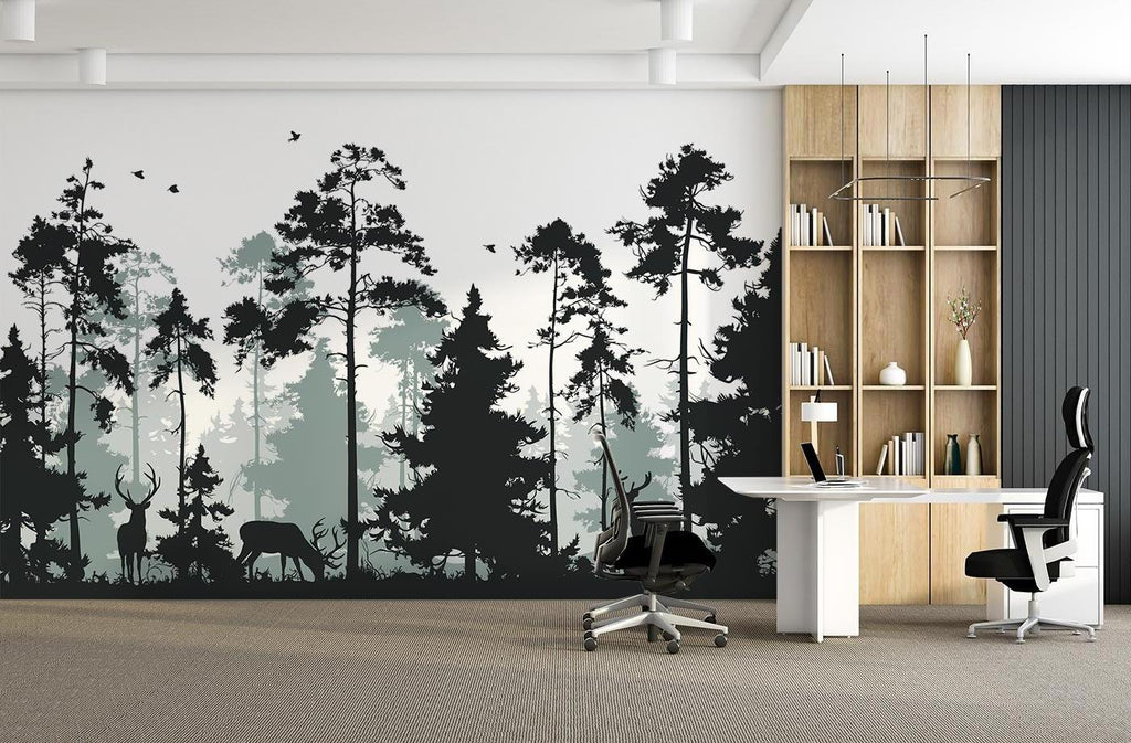 Pine forest wallpaper transforming a bedroom into a peaceful Nordic retreat