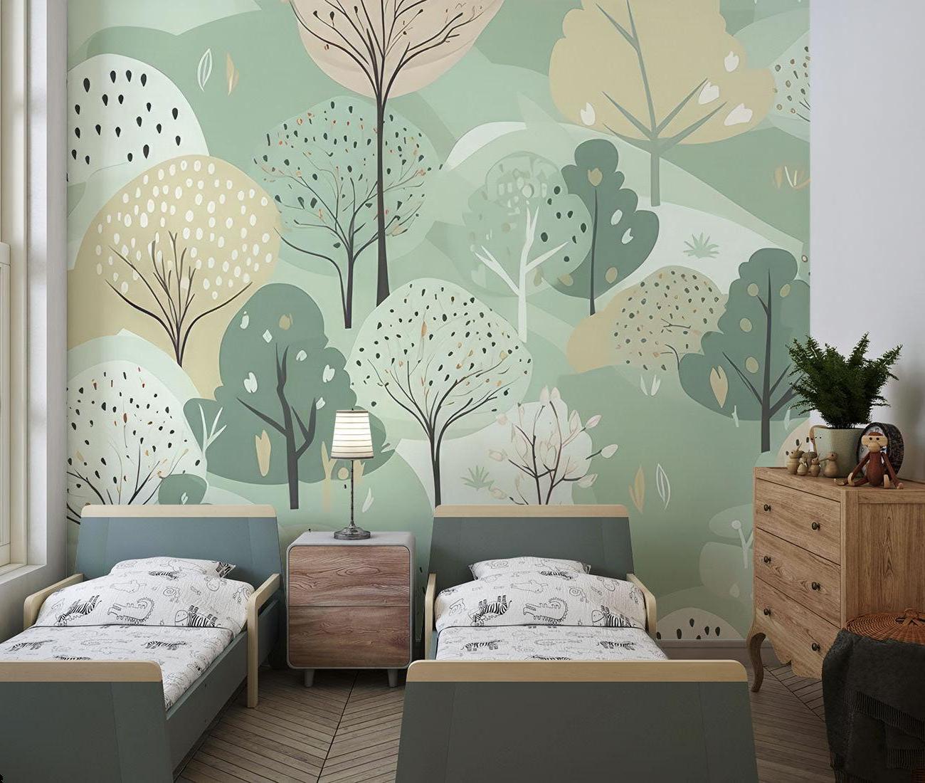 Forest mural wallpaper with abstract trees creating a serene atmosphere in a modern living room setting