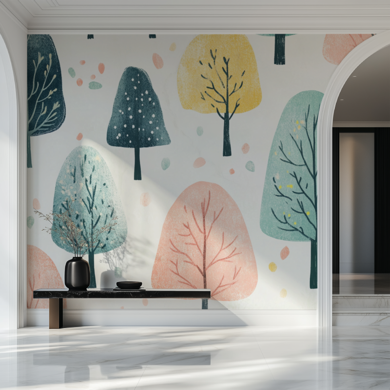 Pastel forest wallpaper creating calm atmosphere in minimal Scandinavian bedroom
