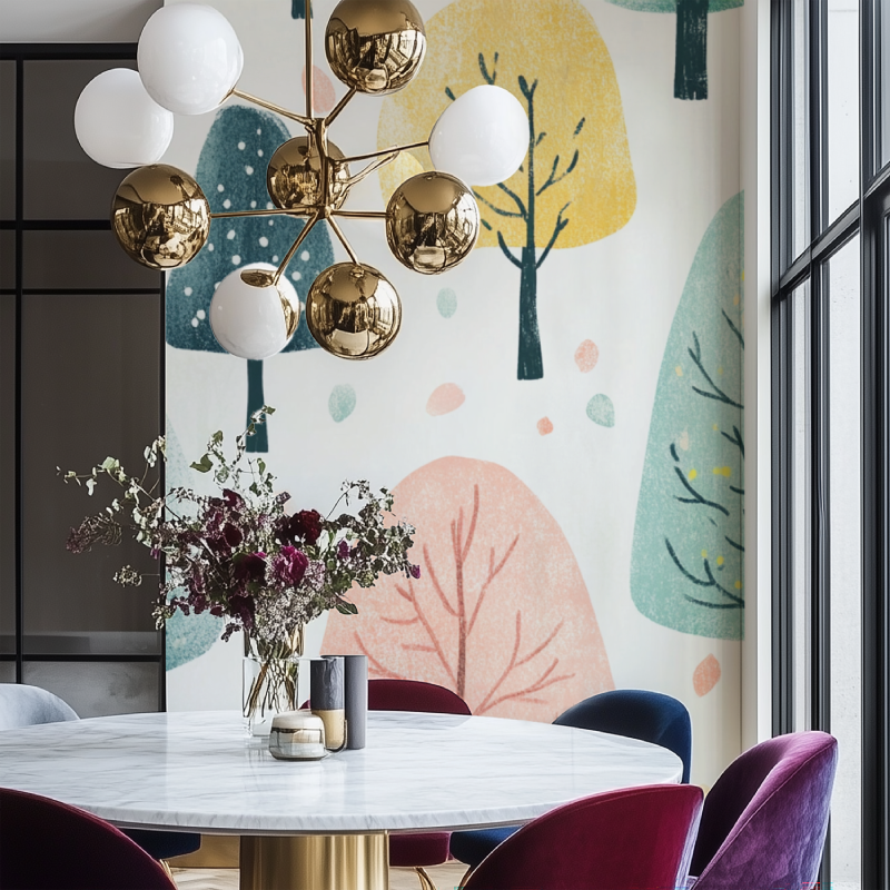 Watercolor tree mural wallpaper brightening nursery with soft pastel colors