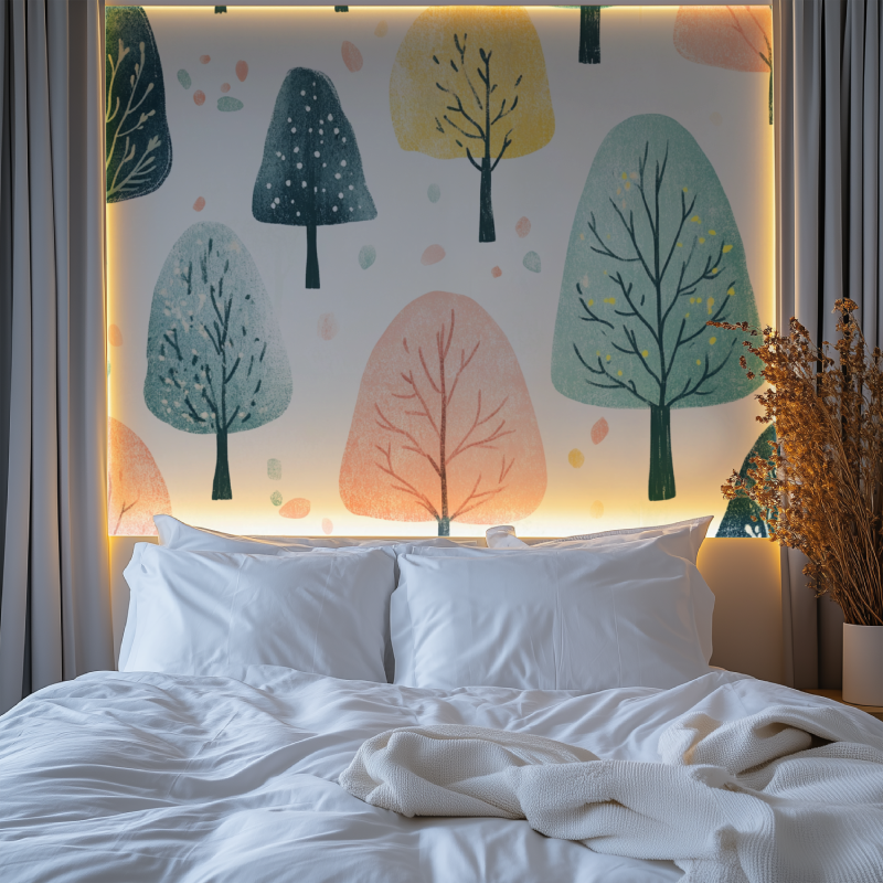 Forest wall mural showcased in modern home office with natural light