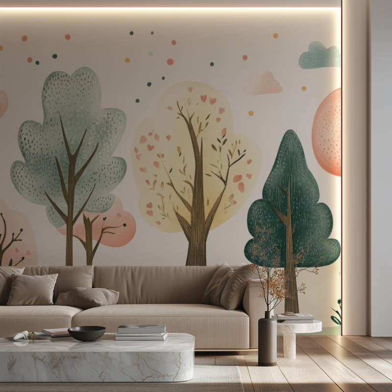 Forest wallpaper mural with pastel trees and hearts creating a cozy atmosphere in a modern nursery