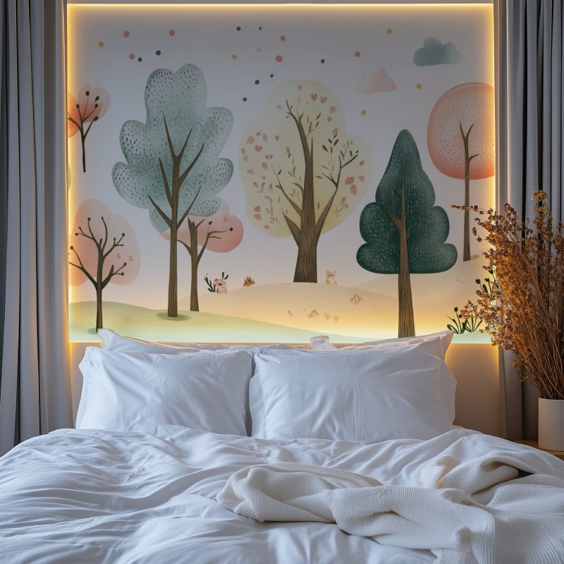 Pastel tree wall mural brightening up a child's reading nook with soft mint and pink tones