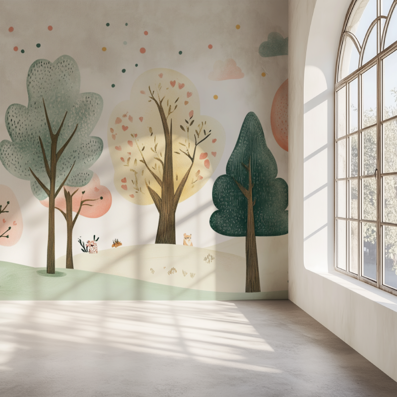Woodland wallpaper with heart details adding charm to a peaceful bedroom setting