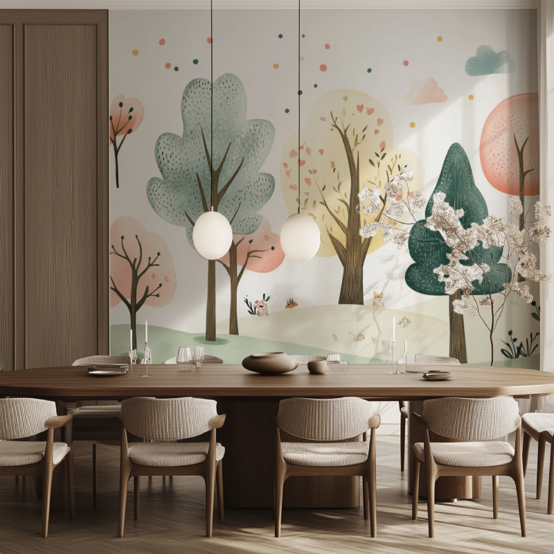 Nature-inspired forest mural creating a serene atmosphere in a home office space