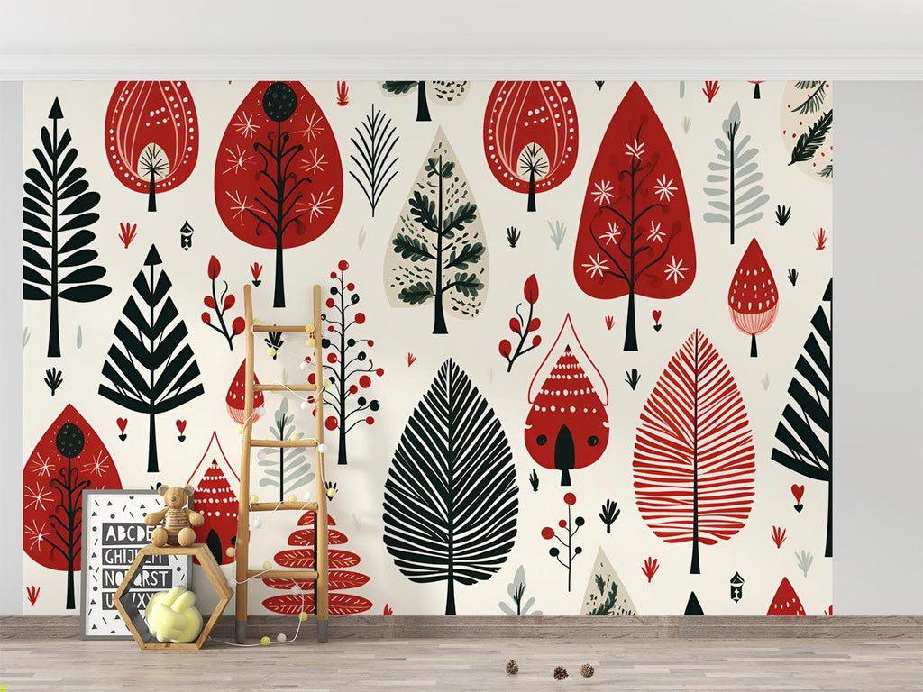 Nordic tree wallpaper in children's bedroom, whimsical red forest design with fairy-tale houses