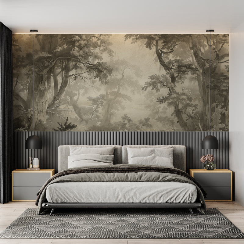 Tree branch wallpaper creating atmosphere in hallway space